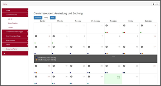 Screenshot from a development version of the Cluster Manager with a calendar view on cluster partition reservations.