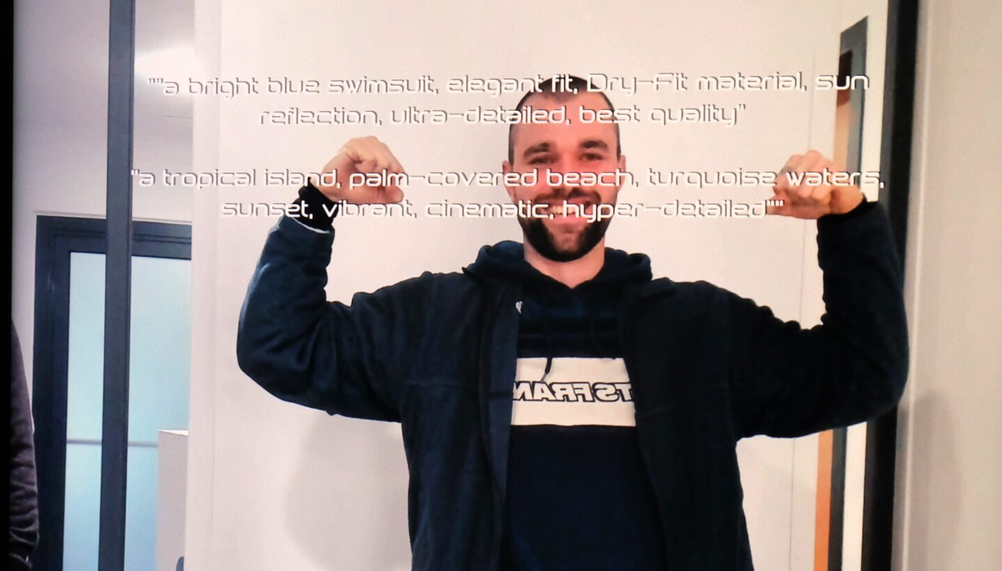 A person standing indoors with both arms raised and flexed, face blurred for privacy, wearing a dark hoodie with a visible logo or text on the chest. Behind the person, there is a white wall and a door frame.