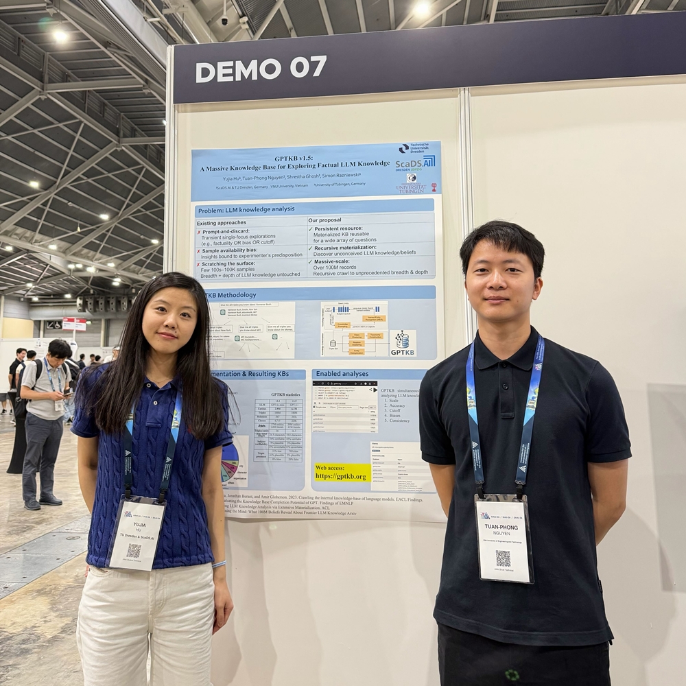 Photo. Yujia Hu and Tuan-Phong Nguyen present their poster "GPTKB v1.5: A Massive Knowledge Base for Exploring Factual LLM Knowledge" at AAAI-26.  