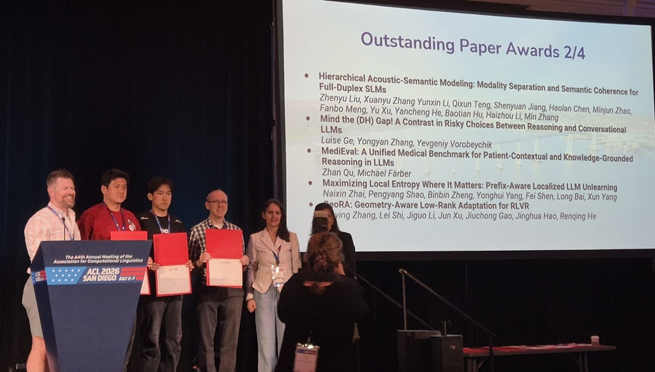 Photo. Zhan Qu and other awardees are honored with the outstanding paper award at ACL 2026.