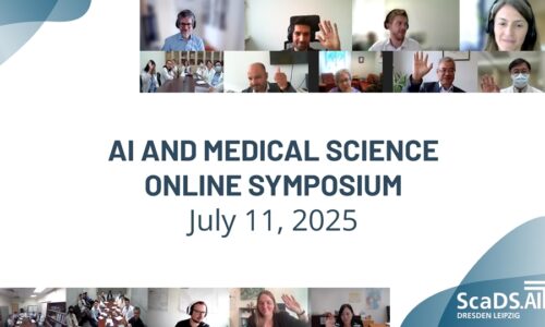 Graphic. Online symposium AI and Medical Science. July 11, 2025. With screenshots of participants.