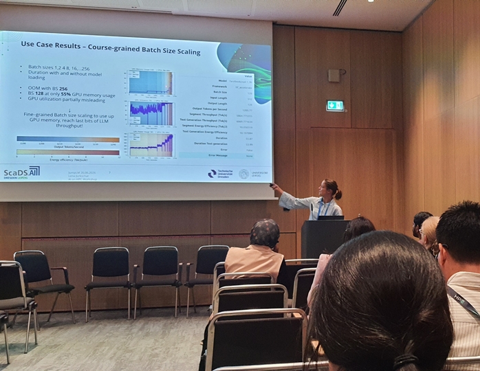 Photo. Lena Jurkschat presents "JumpLM: Simultaneous Visualization of Hardware and LLM Metrics for a Joint Configuration Tuning" at the AI on HPC workshop.