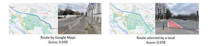 The Picture shows a route by Google Maps and a route selected b a local and compares them.