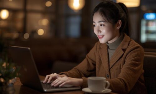 AI generated image. Woman is interacting with a chatbot. She's smiling. Image was generated with Canva Magic Studio.