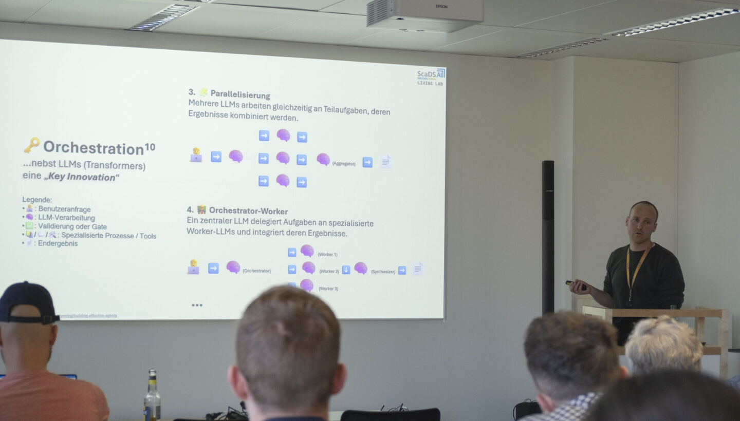 Modern classroom during the AI Agents & Agent Frameworks Meetup where enthusiastic participants use laptops and collaborate near a whiteboard. A projector displays German instructions on building intelligent automation tools, capturing the vibrant atmosphere of the AI agents gathering and framework innovation.
