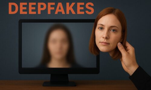 Visualization. A monitor shows a blurred, faceless figure while a hand holds a realistic mask, illustrating the concept of deepfakes and digital identity manipulation. The image is AI-generated.