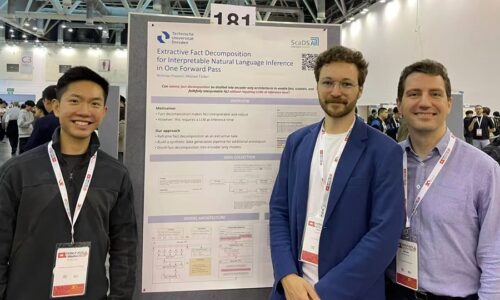 Photo. Shuzhou Yuan, Nicholas Popovič, and Michael Färber are standing in front of their poster at the EMNLP 2025 conference in Suzhou, China.