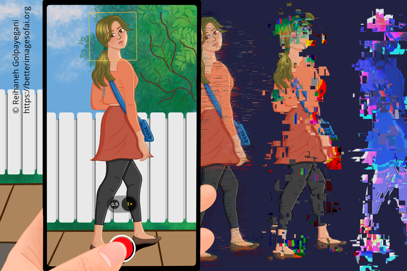 Graphic. Telling Tales by Reihaneh Golpayegani. Inside the frame of a mobile phone screen, a woman is depicted walking and looking over her shoulder. Behind her, there is an outdoor scene with the sky, tree, fences, and pavement. A hand is shown grabbing the phone and tapping the record button. On the left side of the phone, a small portion of the same sky, fences, and pavement is displayed in a different scale, representing the world outside the screen. On the right side of the phone, three figures of the same woman are shown against a plain blue background, progressively transforming from minimally glitched to heavily glitched.