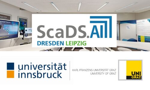 Graphic. The University of Graz, the University of Innsbruck and ScaDS.AI Dresden/Leipzig participated in the german-austrian exchange on AI in Education. Pictured are the institutions' logos inside of the Living Lab.