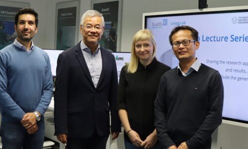 Photo. Dr. Siavash Ghiasvand (ScaDS.AI Dresden/Leipzig), Ching-Yun Huang (Taipei Representative Office), Dr. Luisa Herrmann (ScaDS.AI Dresden/Leipzig), and Rex Chung-Lung Ho (Taipei Representative Office) at the Living Lab in Dresden.