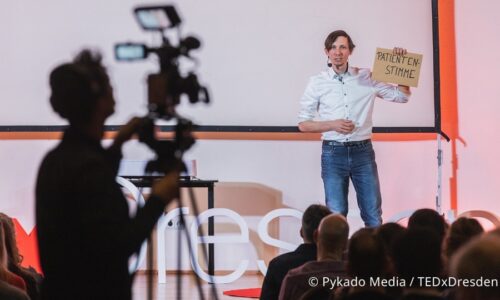 Photo. Markus Wolfien is giving his talk "Precision Becomes Personal – The Patient’s Voice in the Molecular Tumor Board" at TEDxDresden 2026.