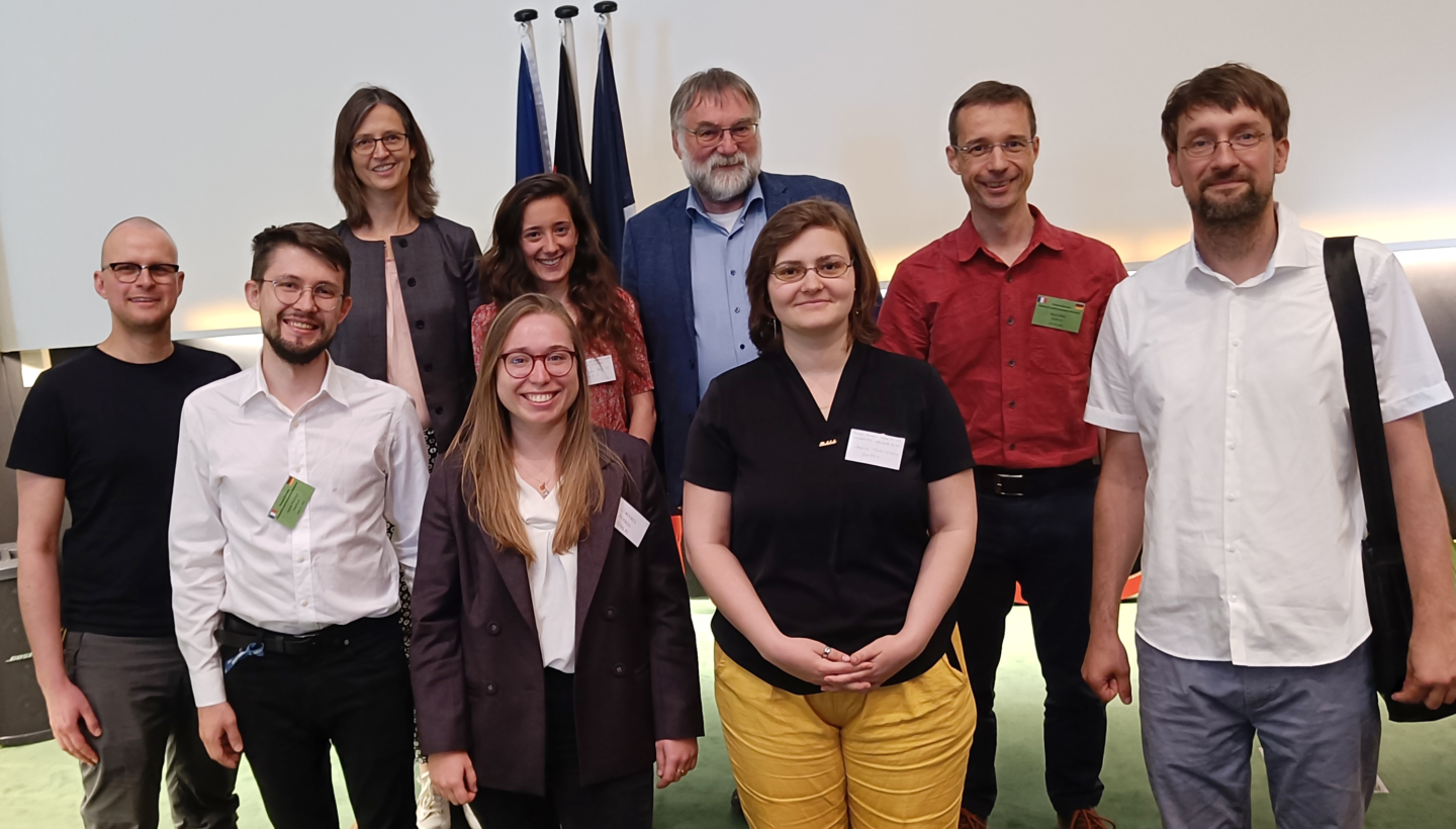 Dr. Hermann Diebel-Fischer, Andrei Politov, Neringa Jurenaite, Charlotte Beylier, Prof. Dr. Wolfgang E. Nagel, Mariia Tkachenko, Dr. René Jäkel and Dr. Eric Peukert (fLTR) at the French German Workshop on Artificial Intelligence in On June 14th 2022, ScaDS.AI took part in the Franco-German Research and Innovation Network on AI in Le Chesnay-Rocquencourt, France