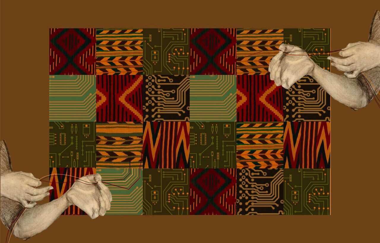 A collage that merges circuit board patterns with textile motifs in a grid-like background of alternating black, grey, and white. Two hand-drawn arms are on each side of the image, positioned as if gently pulling on thin, white strings that cross the image diagonally. The hands appear soft and somewhat translucent, contrasting with the rigid lines of the circuit board patterns behind them. The strings are woven through both the hands and the background, symbolising the connection between traditional weaving and modern technology. The overall colour palette features muted earth tones, including browns, beiges, and grays, creating a sense of both history and continuity between the natural and technological worlds..
