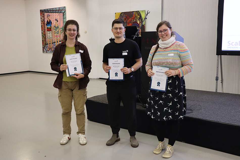 Three recipients holding certificates for the Best Poster Award at the ScaDS.AI General Assembly 2026