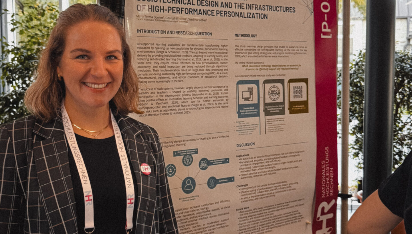 Photo. Mana-Teresa Donner is smiling and presenting her scientific poster, titled 'AI Avatars in Higher Education,' at the NHR conference. The poster discusses sociotechnical design for personalized learning, with logos for ScaDS.AI Dresden/Leipzig and NHR visible.