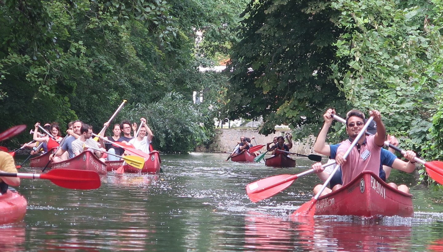 A photo of participants on boats on the canal in Leipzig.