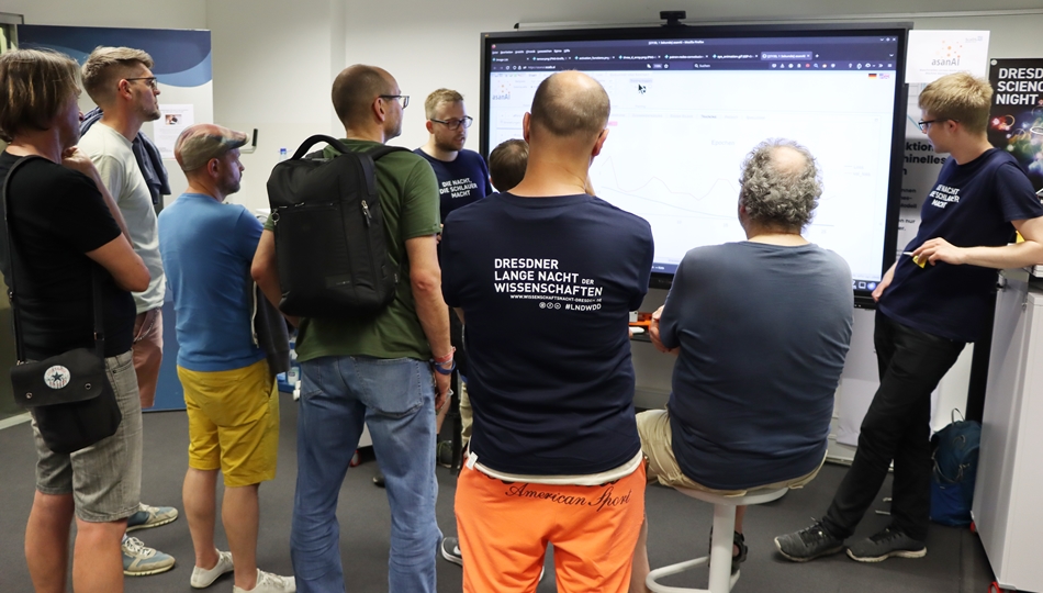 Photo. Norman Koch is explaining the open source software asanAI to seven visitors at the Living Lab in Dresden.