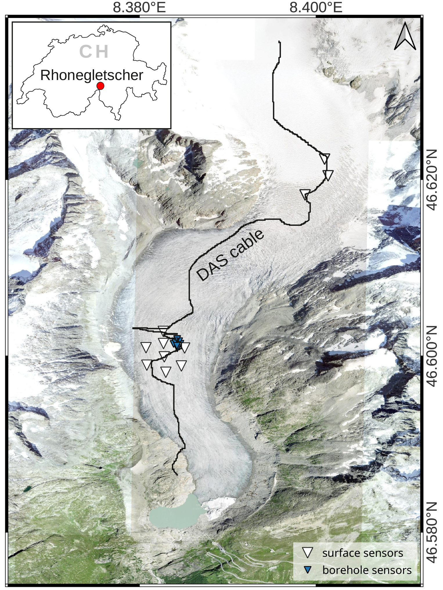 Map. DAS able at Rhonegletscher in the Denoising Icquakes project.