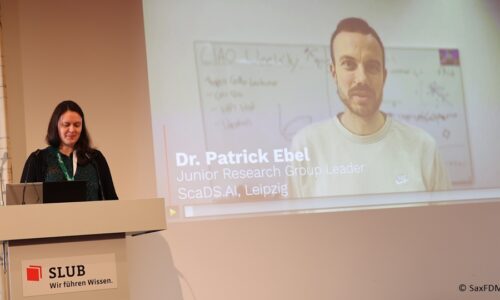 Photo. Dr. Patrick Ebel is connected live via video to the SaxFDM Open Data Award ceremony. © SaxFDM