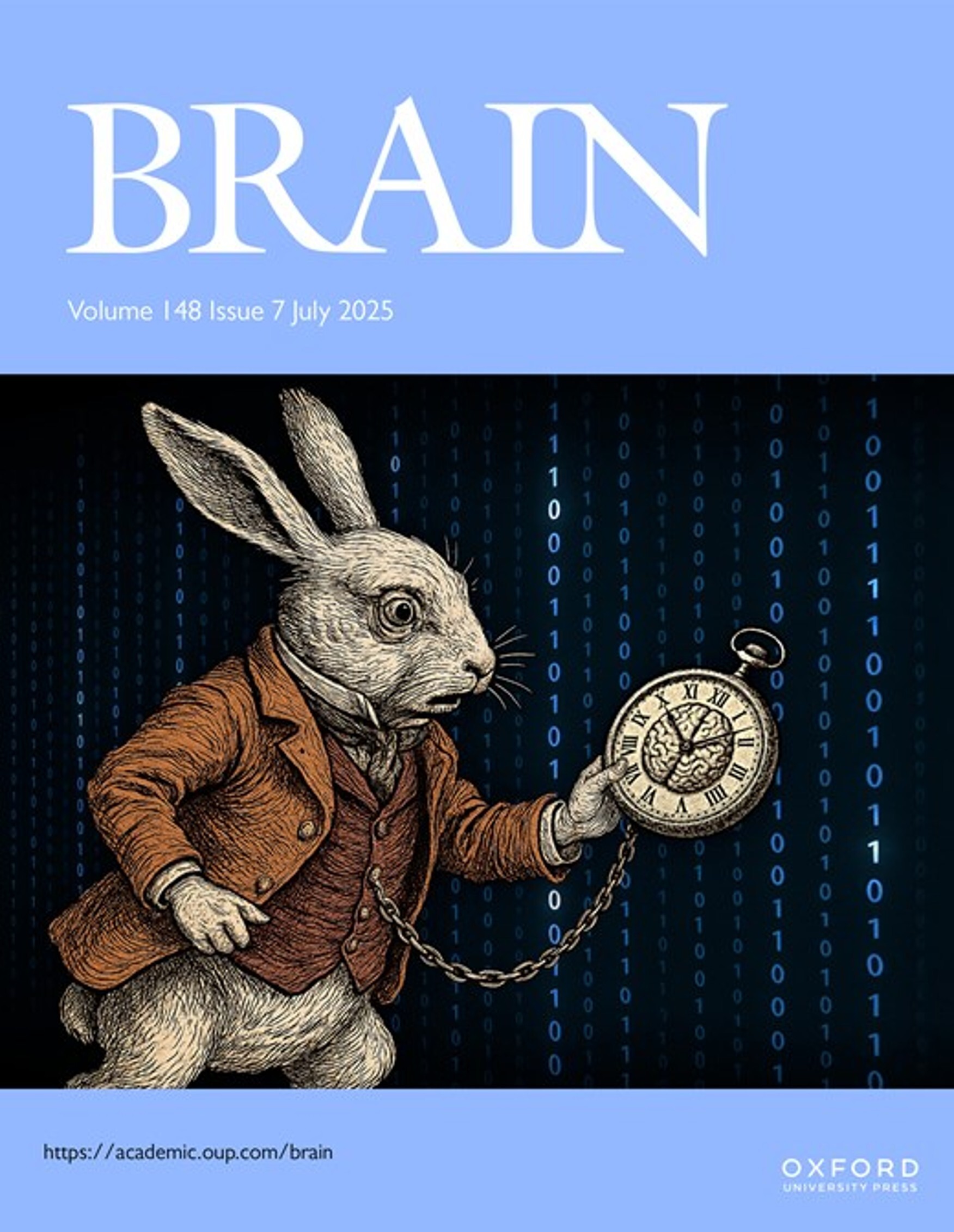 Illustration. The image is the cover of "Brain," Volume 148, Issue 7, dated July 2025, from Oxford University Press. It features a white rabbit in a vintage brown suit, holding a pocket watch with a brain design, set against a dark blue background with cascading binary code. The top and bottom have a light blue background with the title, volume details, website link, and publisher logo.
