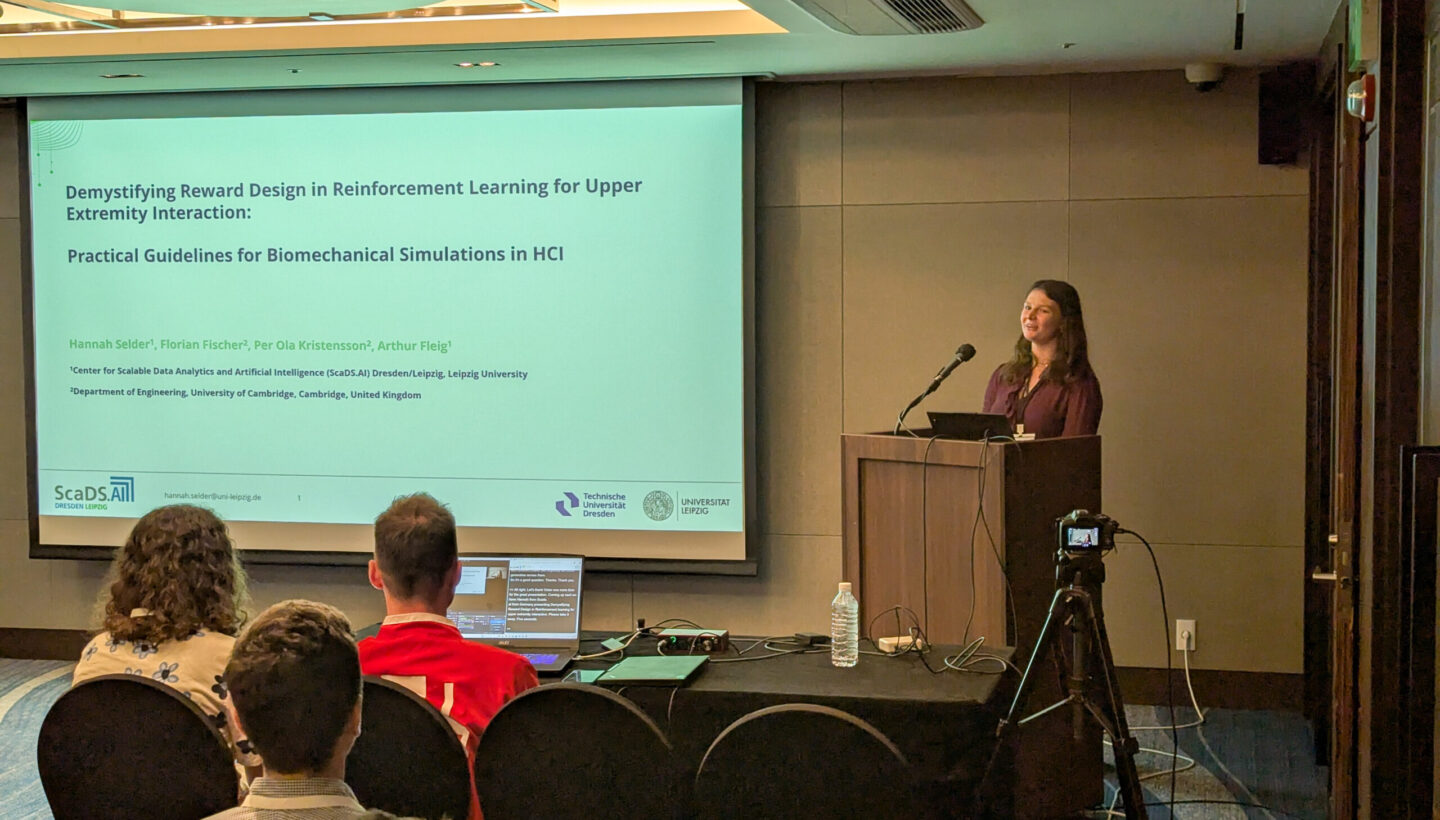 Photo. Hannah Selder presents her paper about Practical Guidelines for Biomechanical Simulations in HCI.