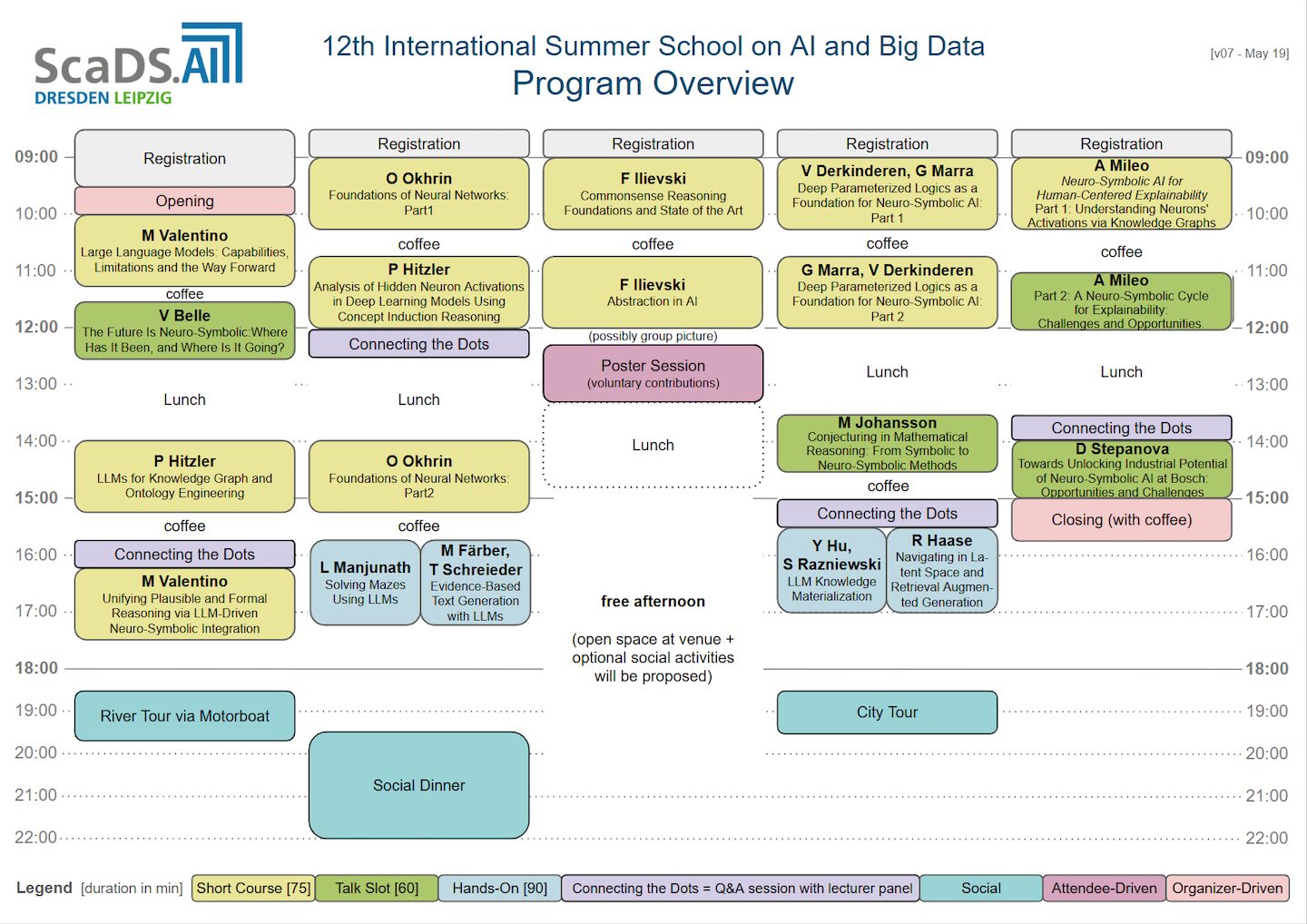 Program overview in tabular layout, showing scientific and social program elements in five columns, one per school day Monday, June 22 to Friday, June 26